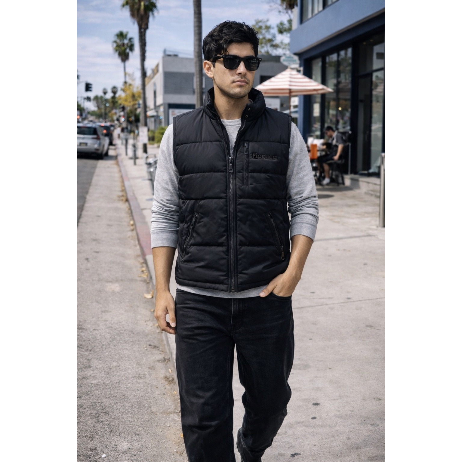 Fiorucci Puffer Vest Black Full Zip Pockets Collared Quilted Gilet Mens Size Med